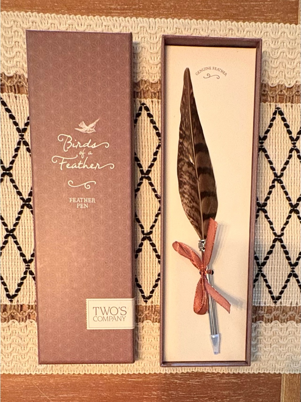 Two's Company Feather Pen with Brown Decorative Box